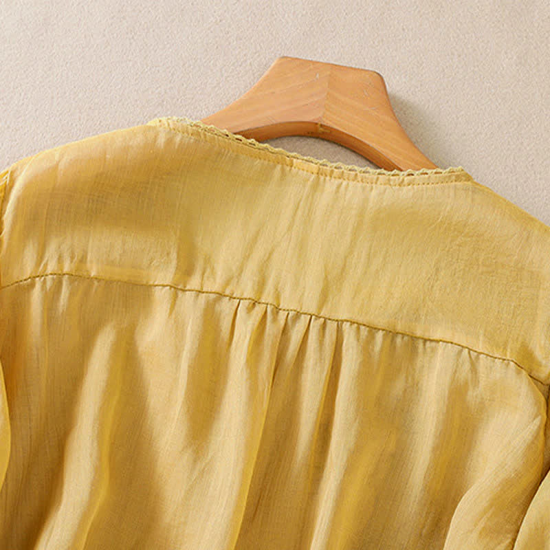 Buddha Stones Koszula damska z krótkim rękawem i okrągłym dekoltem, haftowana w kwiaty w stylu retro - image 17