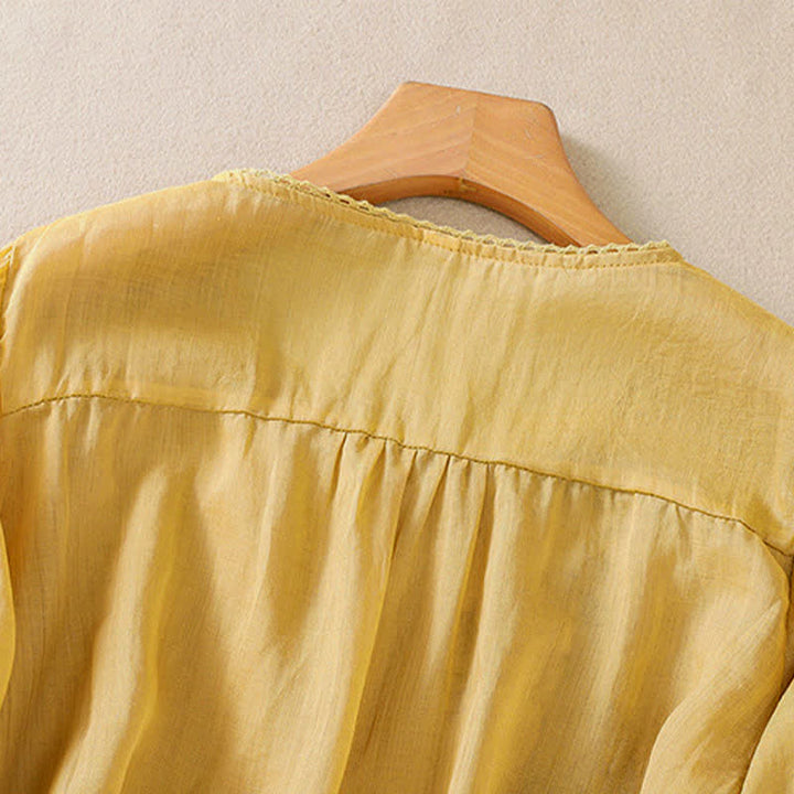 Buddha Stones Koszula damska z krótkim rękawem i okrągłym dekoltem, haftowana w kwiaty w stylu retro - image 17