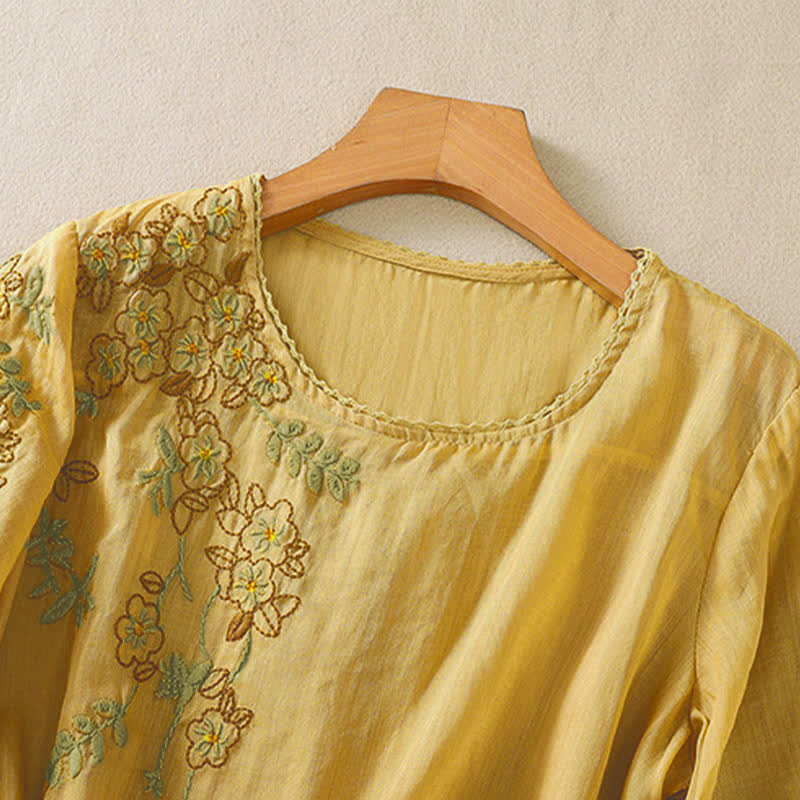 Buddha Stones Koszula damska z krótkim rękawem i okrągłym dekoltem, haftowana w kwiaty w stylu retro - image 16