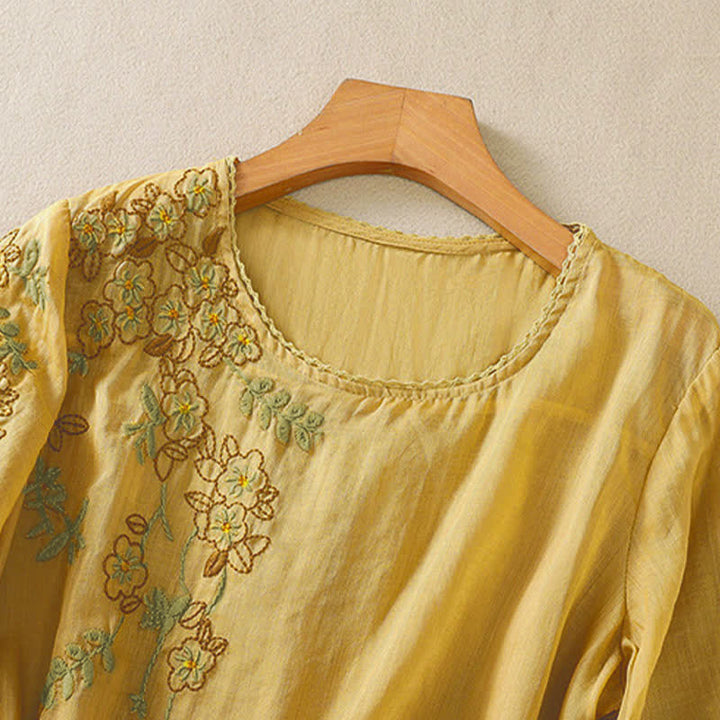 Buddha Stones Koszula damska z krótkim rękawem i okrągłym dekoltem, haftowana w kwiaty w stylu retro - image 16