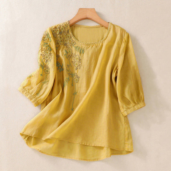 Buddha Stones Koszula damska z krótkim rękawem i okrągłym dekoltem, haftowana w kwiaty w stylu retro - Złoto - US8-10，UK/AU12-14，EU40-42 (2XL) - image 14