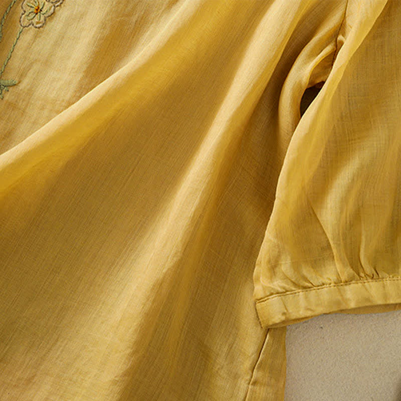 Buddha Stones Koszula damska z krótkim rękawem i okrągłym dekoltem, haftowana w kwiaty w stylu retro - image 22