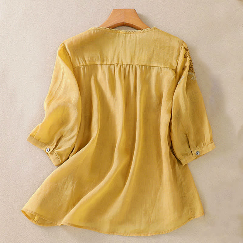 Buddha Stones Koszula damska z krótkim rękawem i okrągłym dekoltem, haftowana w kwiaty w stylu retro - image 15