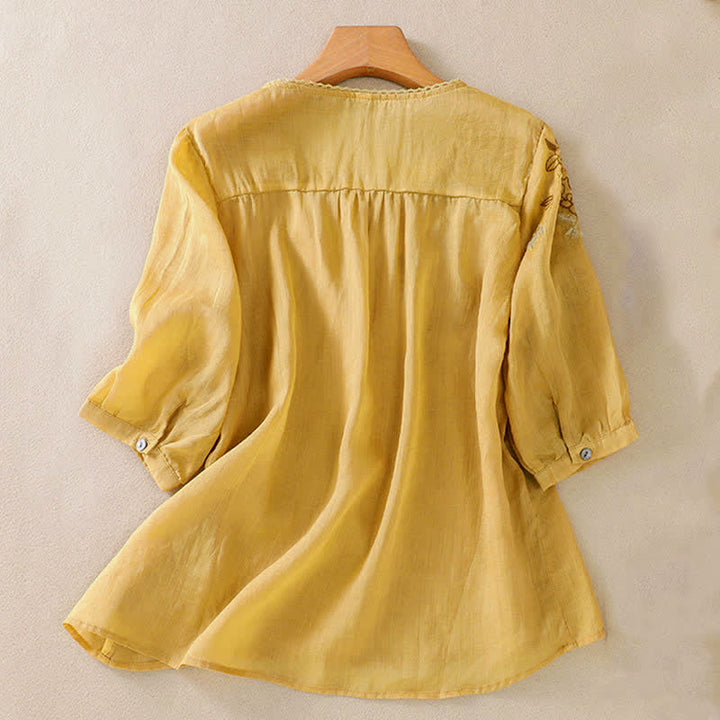 Buddha Stones Koszula damska z krótkim rękawem i okrągłym dekoltem, haftowana w kwiaty w stylu retro - image 15