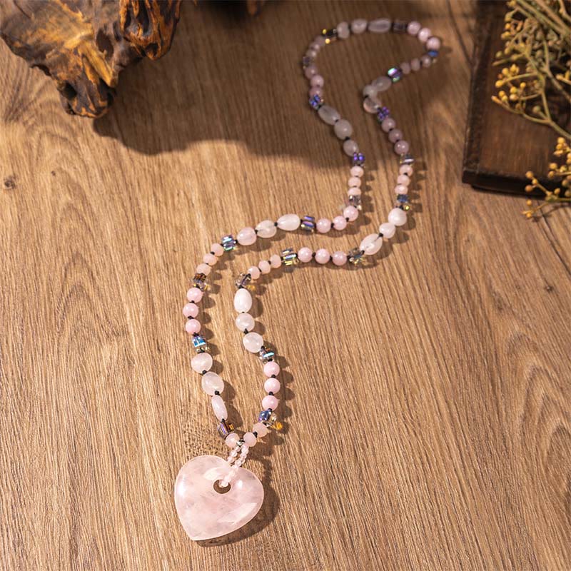 Buddha Stones Naszyjnik z koralikami Love Heart Luck z kwarcu różowego i zielonego awenturynu - Kwarc różowy - image 1