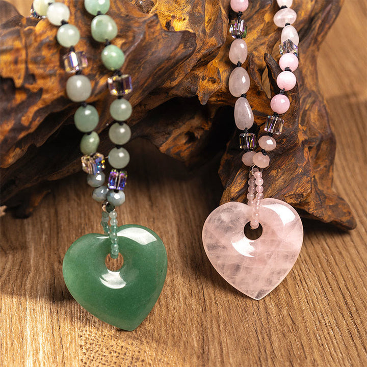 Buddha Stones Naszyjnik z koralikami Love Heart Luck z kwarcu różowego i zielonego awenturynu - image 0