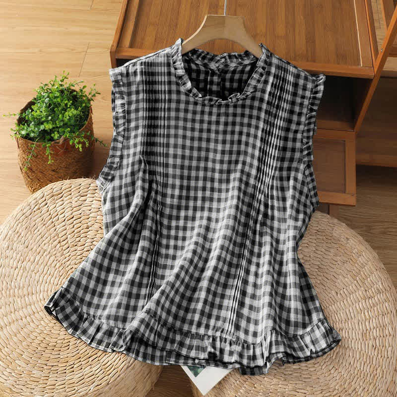 Buddha Stones Letnia, bezrękawa koszulka damska w kratę z falbanką i okrągłym dekoltem zapinana na guziki z tyłu - Czarny - US8-10，UK/AU12-14，EU40-42 (2XL) - image 0