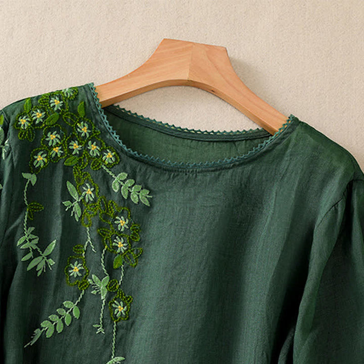 Buddha Stones Koszula damska z krótkim rękawem i okrągłym dekoltem, haftowana w kwiaty w stylu retro - image 1