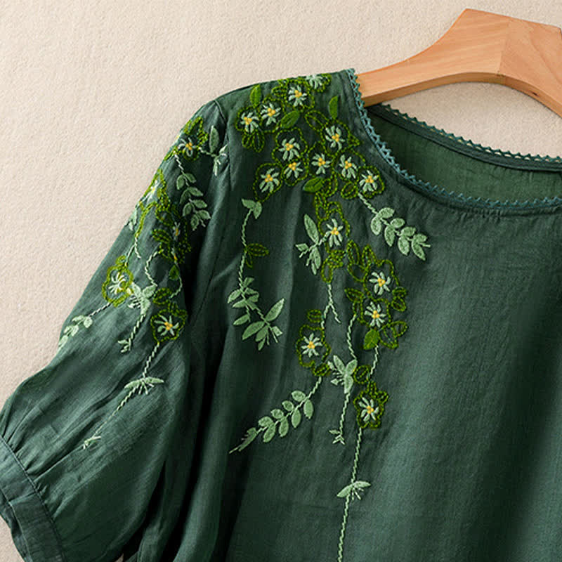 Buddha Stones Koszula damska z krótkim rękawem i okrągłym dekoltem, haftowana w kwiaty w stylu retro - image 3