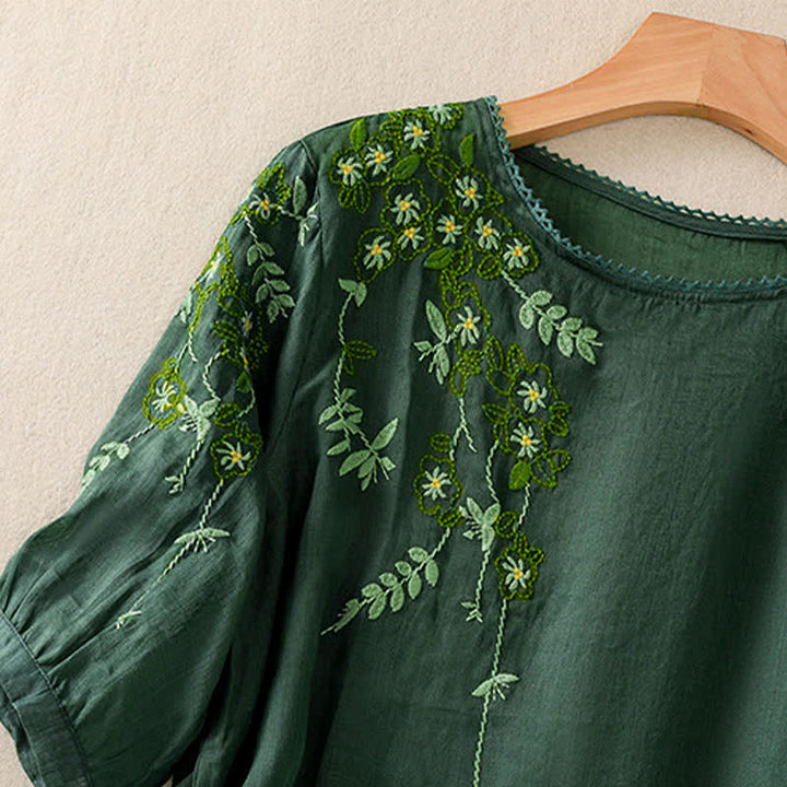 Buddha Stones Koszula damska z krótkim rękawem i okrągłym dekoltem, haftowana w kwiaty w stylu retro - image 3