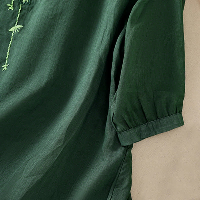 Buddha Stones Koszula damska z krótkim rękawem i okrągłym dekoltem, haftowana w kwiaty w stylu retro - image 5