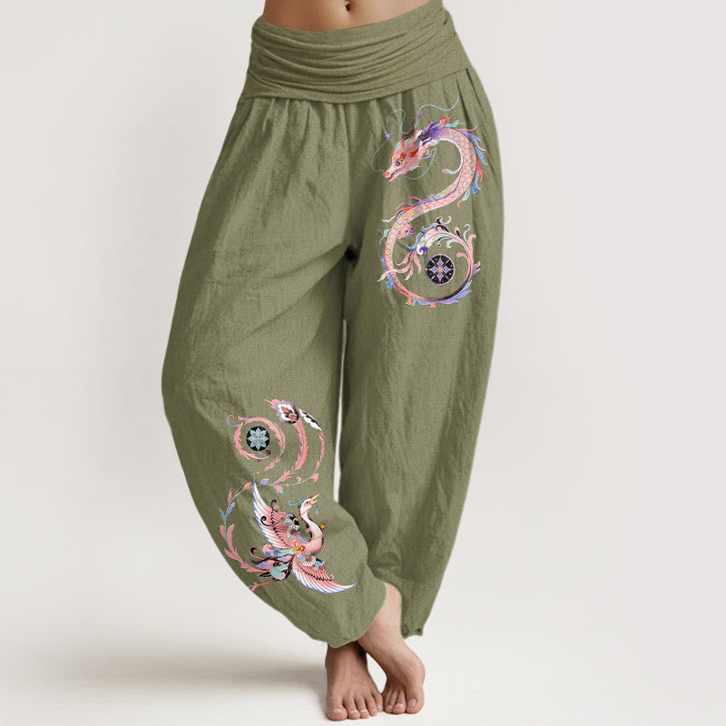 Buddha Stones Bawełniane spodnie haremki damskie z elastycznym pasem i wzorem w latającego smoka i feniksa - Oliwkowy - US16, UK/AU20, EU48 (3XL) - image 14