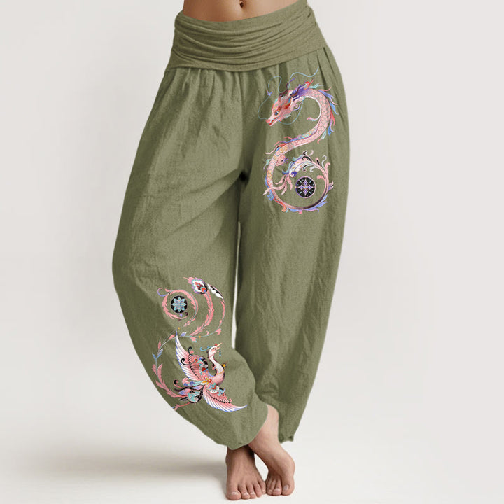 Buddha Stones Bawełniane spodnie haremki damskie z elastycznym pasem i wzorem w latającego smoka i feniksa - Oliwkowy - US16, UK/AU20, EU48 (3XL) - image 14