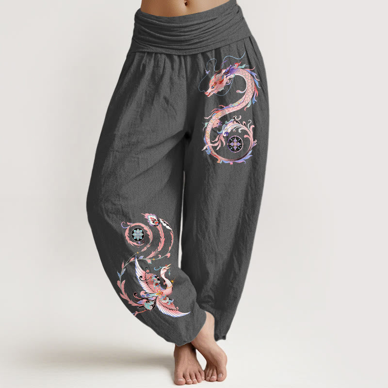 Buddha Stones Bawełniane spodnie haremki damskie z elastycznym pasem i wzorem w latającego smoka i feniksa - DimGray - US16, UK/AU20, EU48 (3XL) - image 11