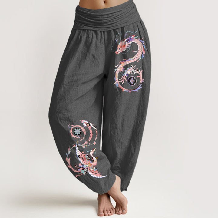 Buddha Stones Bawełniane spodnie haremki damskie z elastycznym pasem i wzorem w latającego smoka i feniksa - DimGray - US16, UK/AU20, EU48 (3XL) - image 11
