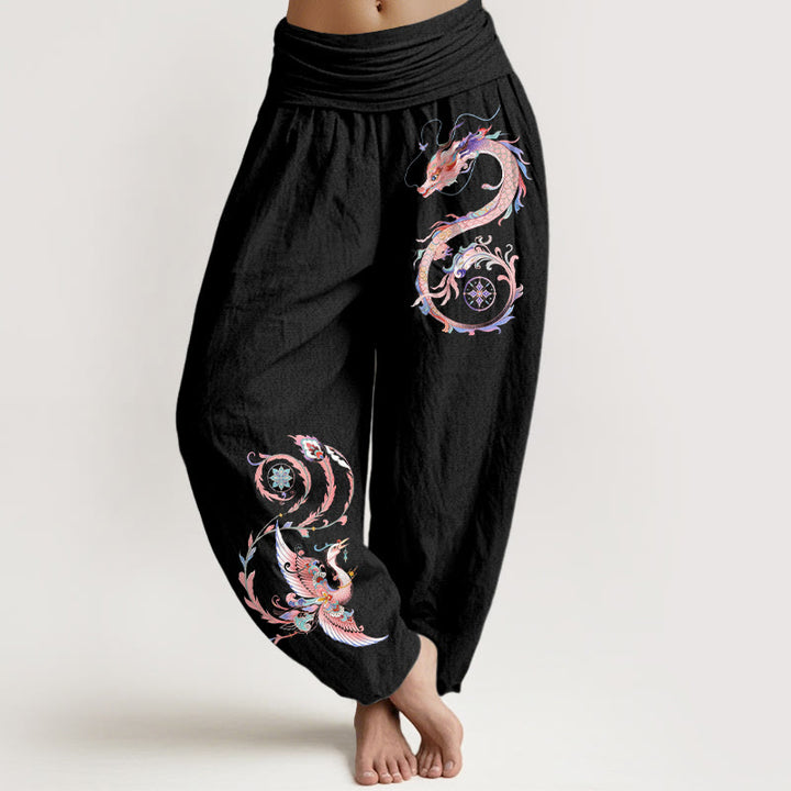 Buddha Stones Bawełniane spodnie haremki damskie z elastycznym pasem i wzorem w latającego smoka i feniksa - Czarny - US16, UK/AU20, EU48 (3XL) - image 0