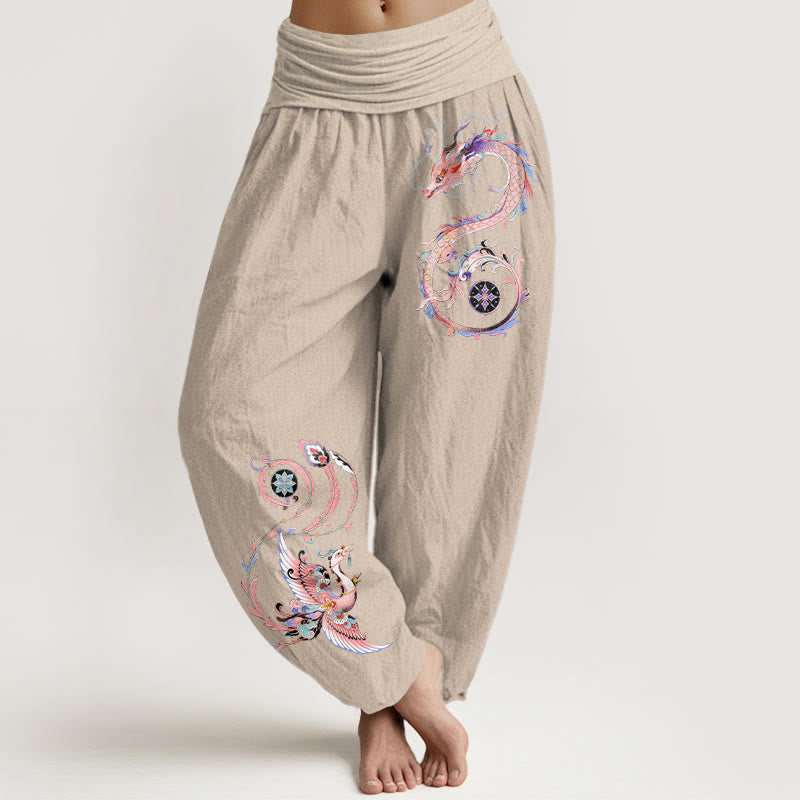 Buddha Stones Bawełniane spodnie haremki damskie z elastycznym pasem i wzorem w latającego smoka i feniksa - Dębnik - US16, UK/AU20, EU48 (3XL) - image 5