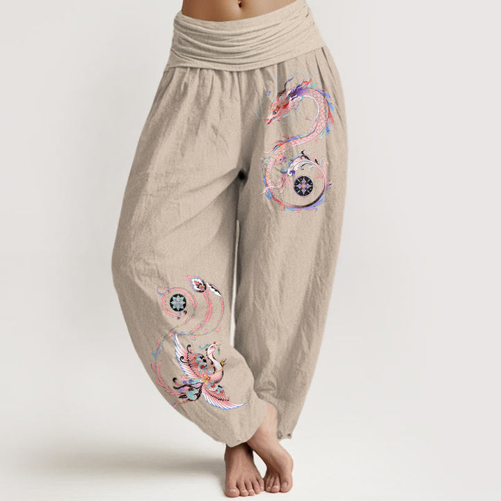Buddha Stones Bawełniane spodnie haremki damskie z elastycznym pasem i wzorem w latającego smoka i feniksa - Dębnik - US16, UK/AU20, EU48 (3XL) - image 5