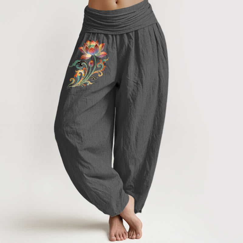 Buddha Stones Bawełniane, kolorowe, damskie spodnie haremowe z elastycznym pasem i wzorem w kwiaty lotosu - DimGray - US16, UK/AU20, EU48 (3XL) - image 8