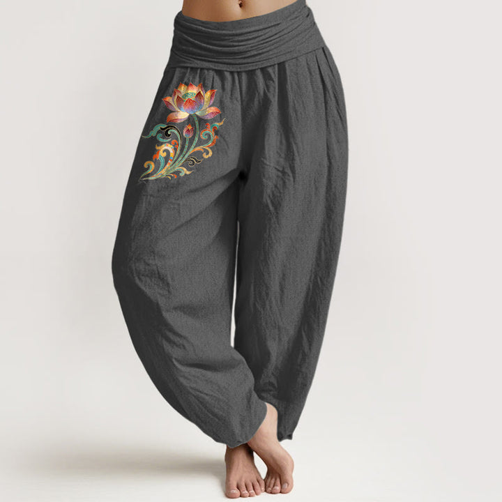 Buddha Stones Bawełniane, kolorowe, damskie spodnie haremowe z elastycznym pasem i wzorem w kwiaty lotosu - DimGray - US16, UK/AU20, EU48 (3XL) - image 8