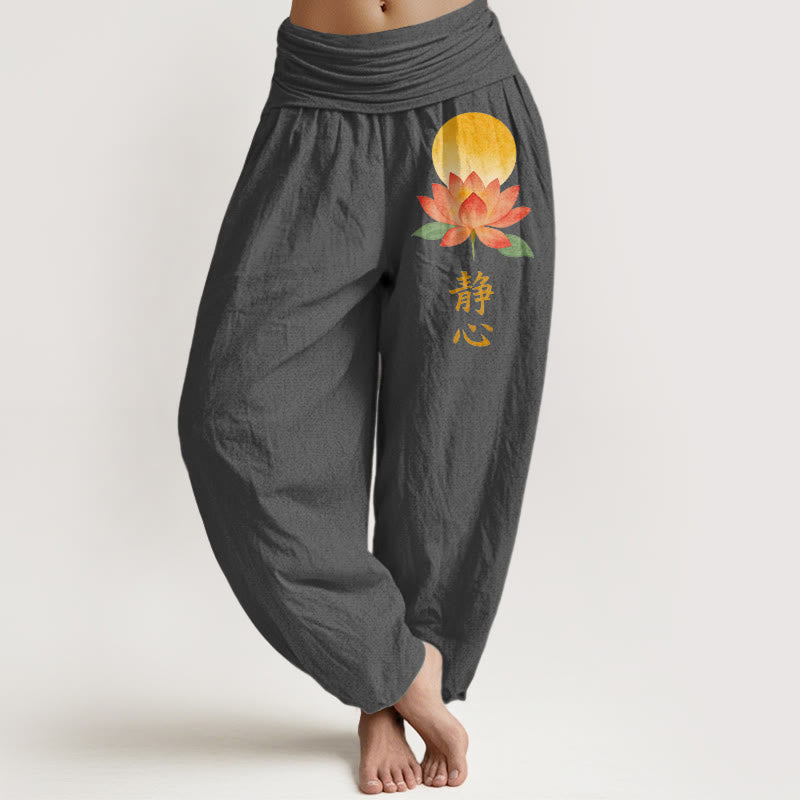 Buddha Stones Bawełniane spodnie haremki damskie z elastycznym pasem i wzorem w kwiaty lotosu w pełni księżyca - Przyciemniony Szary - US16, UK/AU20, EU48 (3XL) - image 8
