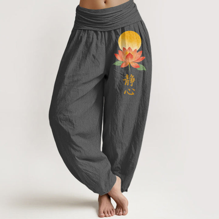 Buddha Stones Bawełniane spodnie haremki damskie z elastycznym pasem i wzorem w kwiaty lotosu w pełni księżyca - Przyciemniony Szary - US16, UK/AU20, EU48 (3XL) - image 8