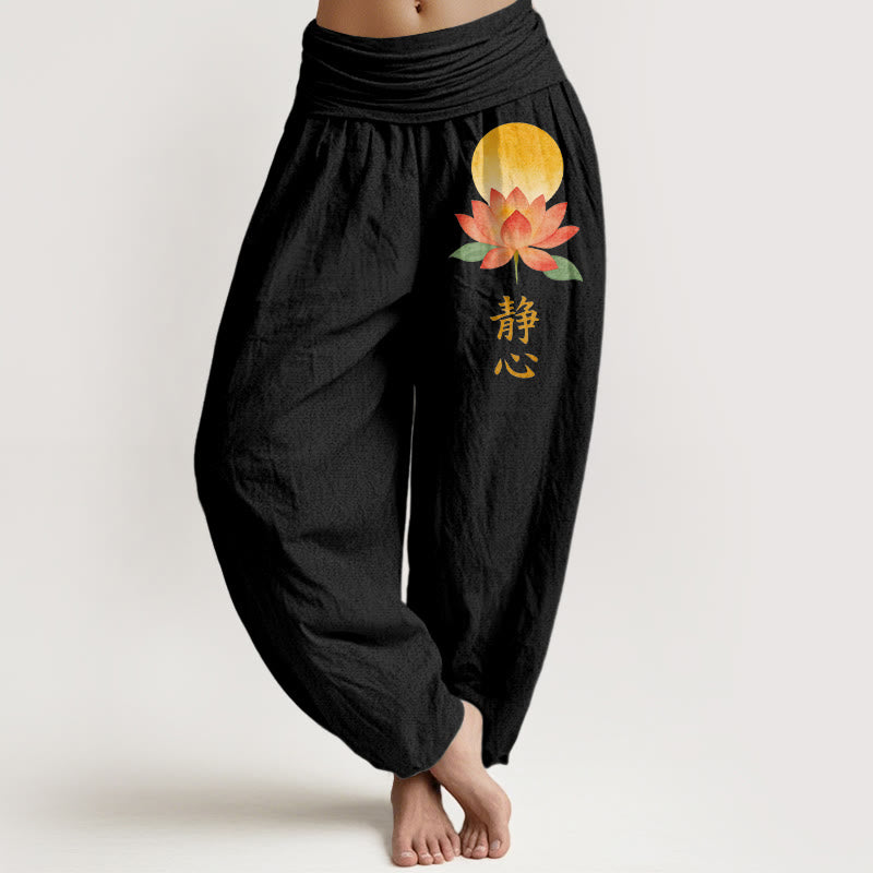 Buddha Stones Bawełniane spodnie haremki damskie z elastycznym pasem i wzorem w kwiaty lotosu w pełni księżyca - Czarny - US16, UK/AU20, EU48 (3XL) - image 0