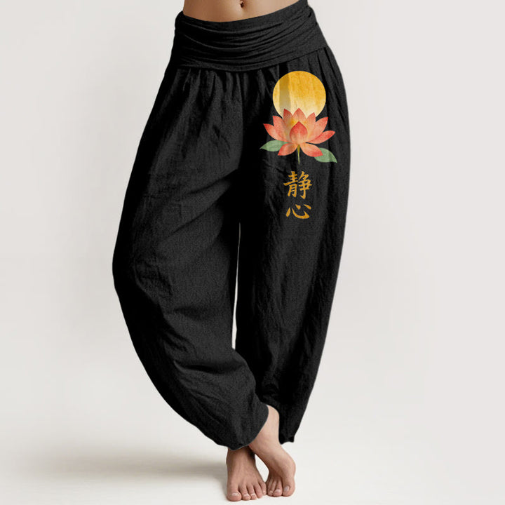 Buddha Stones Bawełniane spodnie haremki damskie z elastycznym pasem i wzorem w kwiaty lotosu w pełni księżyca - Czarny - US16, UK/AU20, EU48 (3XL) - image 0
