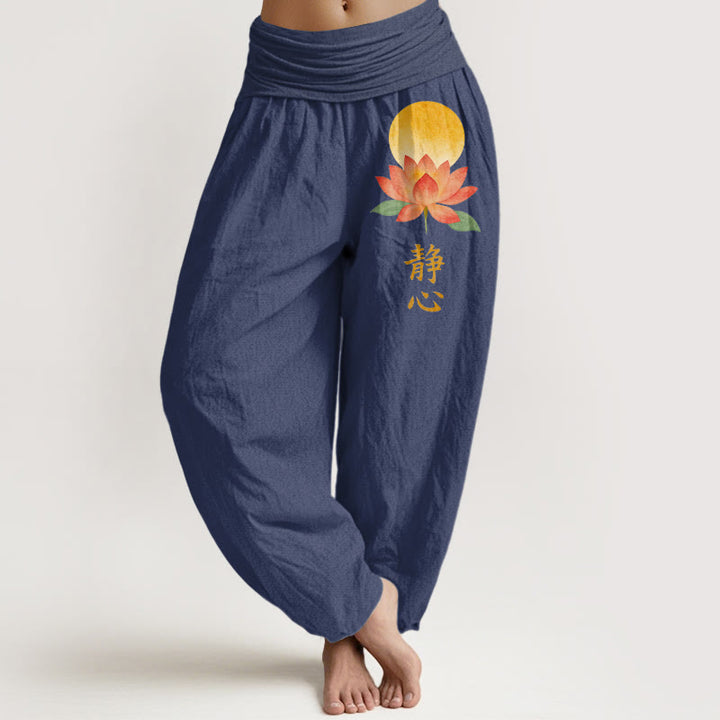 Buddha Stones Bawełniane spodnie haremki damskie z elastycznym pasem i wzorem w kwiaty lotosu w pełni księżyca - DarkSlateBlue - US16, UK/AU20, EU48 (3XL) - image 5