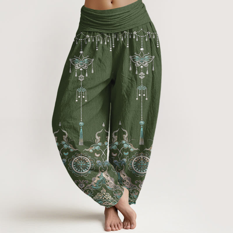 Buddha Stones Bawełniane klasyczne spodnie haremki damskie z elastyczną talią i wzorem motyli i kwiatów - DarkSeaGreen - US16, UK/AU20, EU48 (3XL) - image 0