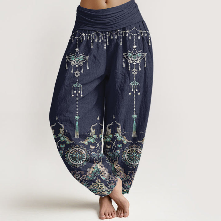 Buddha Stones Bawełniane klasyczne spodnie haremki damskie z elastyczną talią i wzorem motyli i kwiatów - Stalowoniebieski - US16, UK/AU20, EU48 (3XL) - image 5