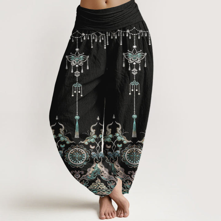 Buddha Stones Bawełniane klasyczne spodnie haremki damskie z elastyczną talią i wzorem motyli i kwiatów - Czarny - US16, UK/AU20, EU48 (3XL) - image 8