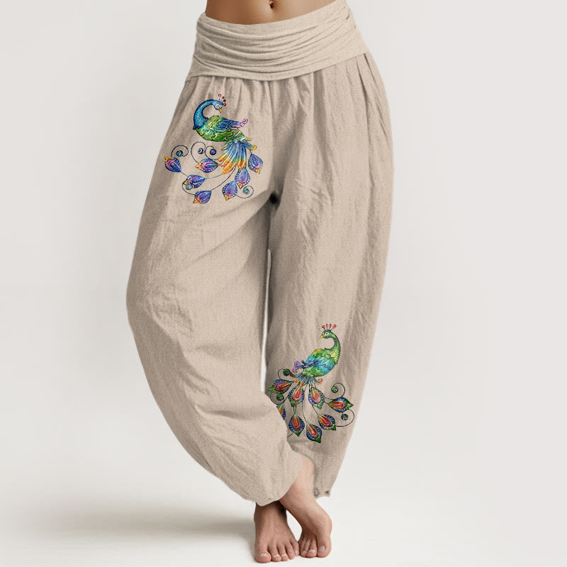 Buddha Stones Bawełniane, kolorowe, damskie spodnie haremowe z elastyczną talią i wzorem pawia - Dębnik - US16, UK/AU20, EU48 (3XL) - image 11