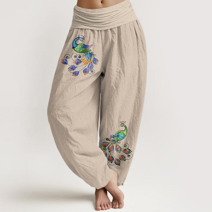 Buddha Stones Bawełniane, kolorowe, damskie spodnie haremowe z elastyczną talią i wzorem pawia - Dębnik - US16, UK/AU20, EU48 (3XL) - image 11