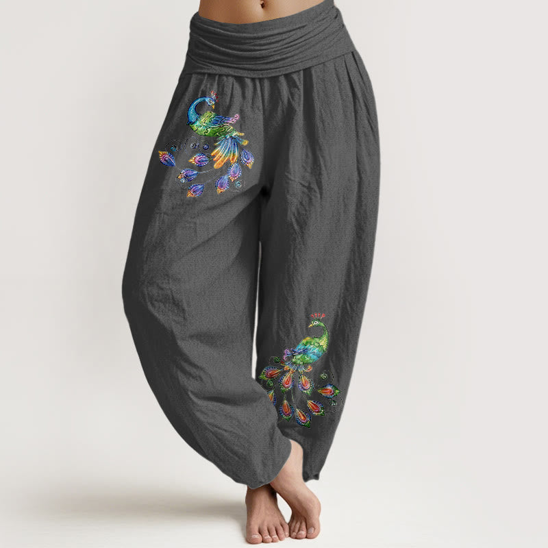 Buddha Stones Bawełniane, kolorowe, damskie spodnie haremowe z elastyczną talią i wzorem pawia - Przyciemniony Szary - US16, UK/AU20, EU48 (3XL) - image 8