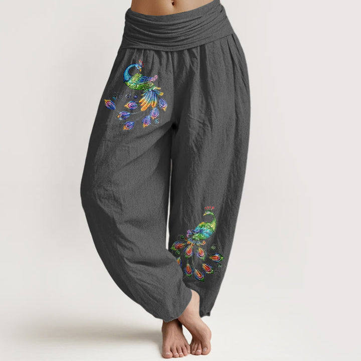 Buddha Stones Bawełniane, kolorowe, damskie spodnie haremowe z elastyczną talią i wzorem pawia - Przyciemniony Szary - US16, UK/AU20, EU48 (3XL) - image 8