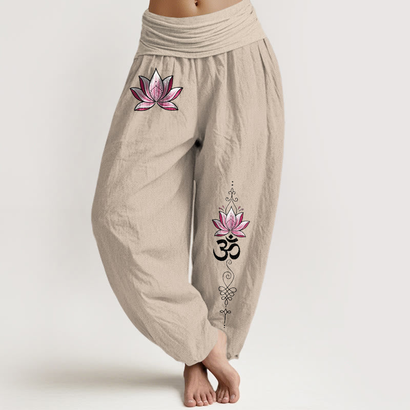 Buddha Stones Bawełniane spodnie damskie typu harem z elastycznym pasem i wzorem „Om” w kolorze różowego lotosu - Dębnik - US16, UK/AU20, EU48 (3XL) - image 0