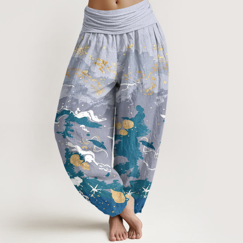 Buddha Stones Spodnie damskie typu harem z elastyczną talią i falami w kształcie nieba - LightSteelBlue - US16, UK/AU20, EU48 (3XL) - image 0