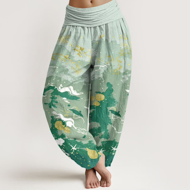 Buddha Stones Spodnie damskie typu harem z elastyczną talią i falami w kształcie nieba - DarkSeaGreen - US16, UK/AU20, EU48 (3XL) - image 5