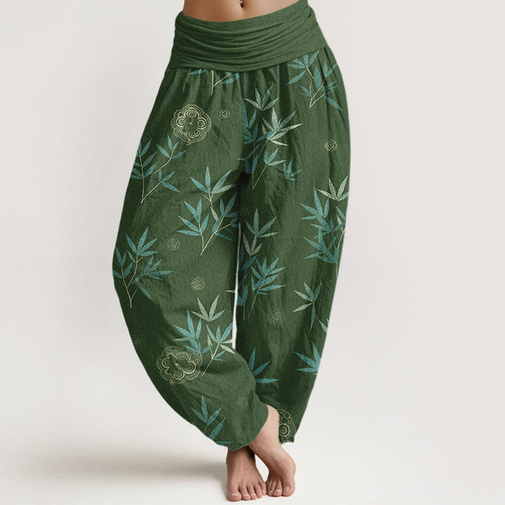 Buddha Stones Spodnie damskie typu harem z elastycznej talii z bawełny bambusowej w geometryczne kwiaty - ForestGreen - US16, UK/AU20, EU48 (3XL) - image 0