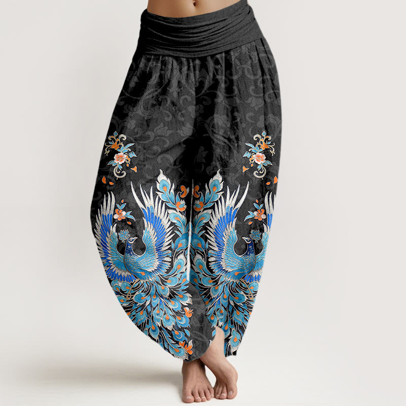 Buddha Stones Spodnie damskie typu harem z bawełny z nadrukiem Phoenix Peach Blossom i elastyczną talią - Czarny - US16, UK/AU20, EU48 (3XL) - image 5