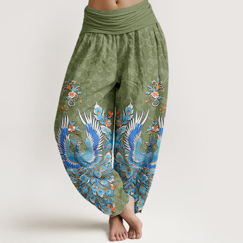 Buddha Stones Spodnie damskie typu harem z bawełny z nadrukiem Phoenix Peach Blossom i elastyczną talią - Oliwkowy - US16, UK/AU20, EU48 (3XL) - image 8