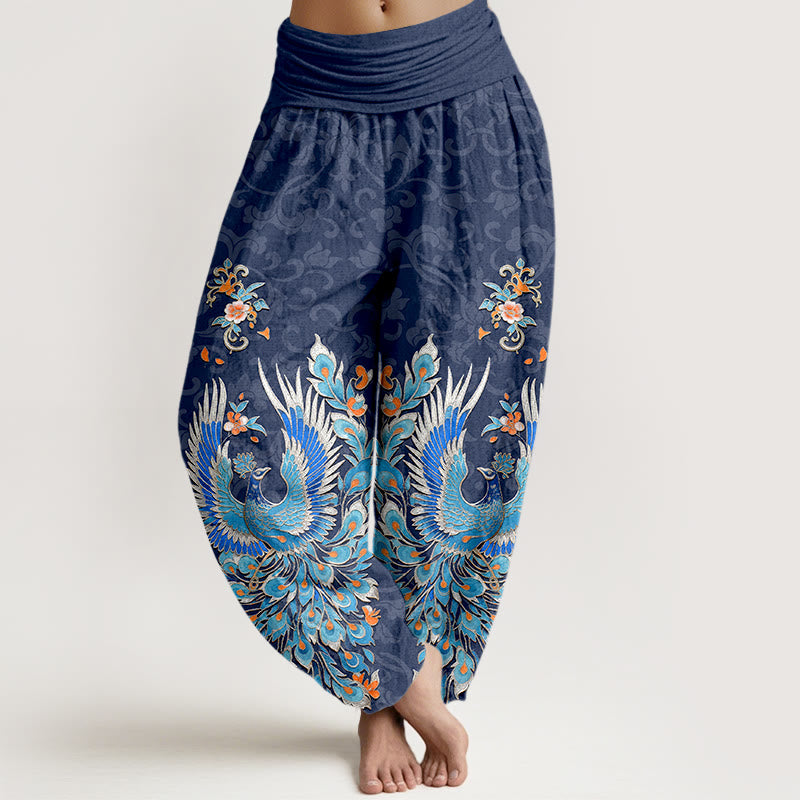Buddha Stones Spodnie damskie typu harem z bawełny z nadrukiem Phoenix Peach Blossom i elastyczną talią - Stalowoniebieski - US16, UK/AU20, EU48 (3XL) - image 0
