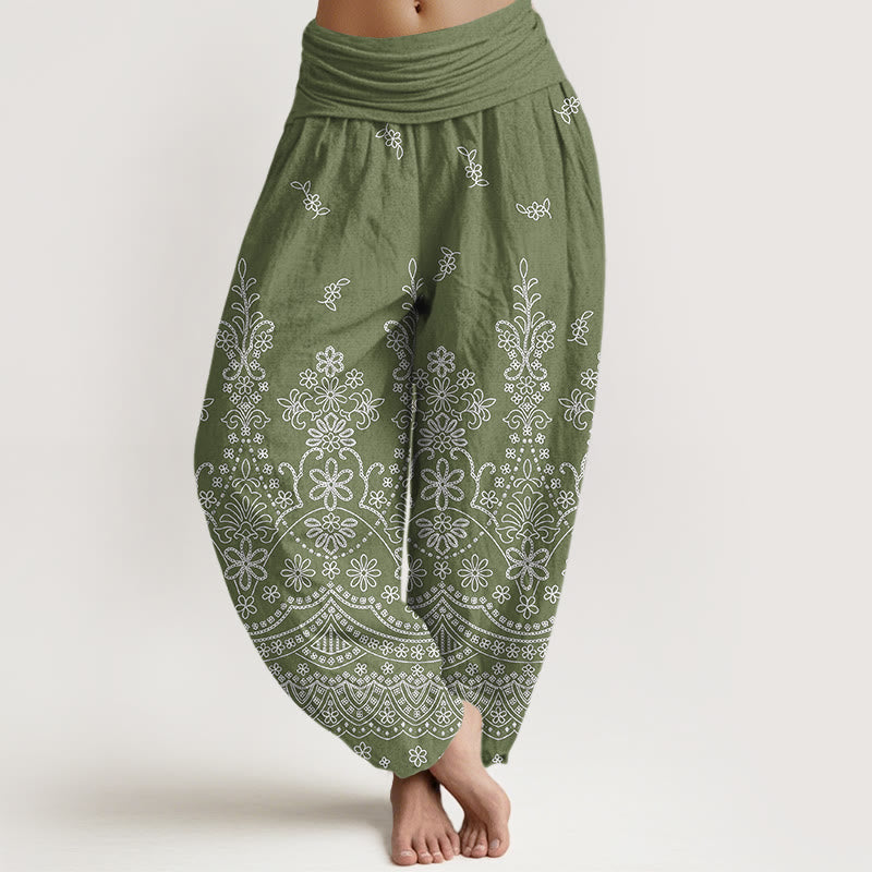 Buddha Stones Bawełniane spodnie haremki damskie z elastycznym pasem i wzorem mandali w białe kwiaty - Oliwkowy - US16, UK/AU20, EU48 (3XL) - image 0