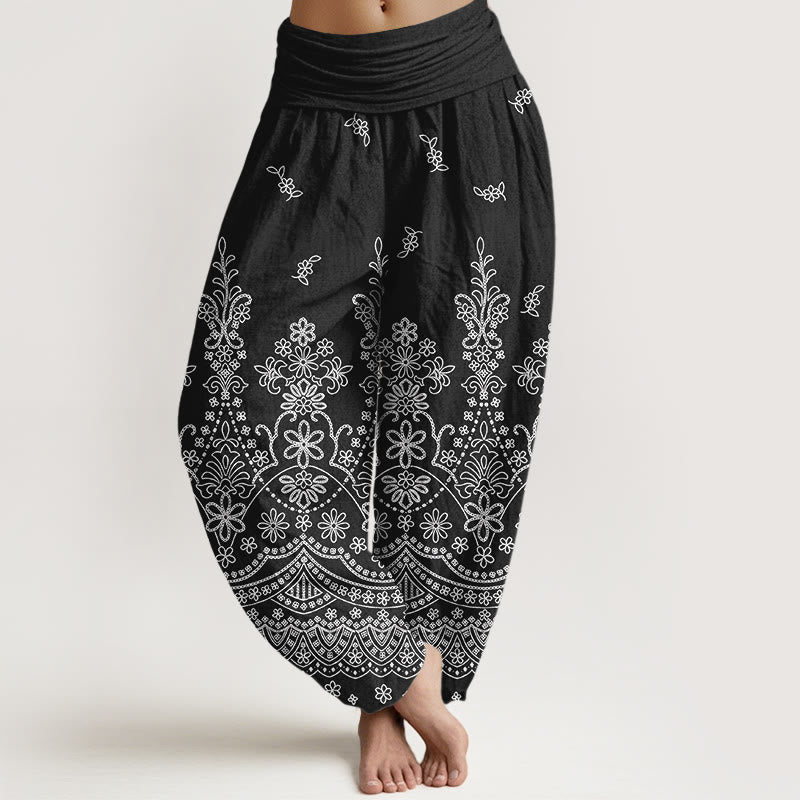 Buddha Stones Bawełniane spodnie haremki damskie z elastycznym pasem i wzorem mandali w białe kwiaty - Czarny - US16, UK/AU20, EU48 (3XL) - image 5