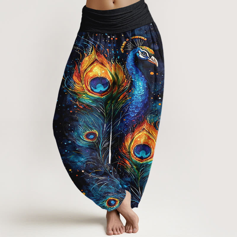 Buddha Stones Spodnie damskie haremowe z bawełny z motywem pawia i rozgwieżdżonego nieba - Ciemnoniebieski - US16, UK/AU20, EU48 (3XL) - image 0