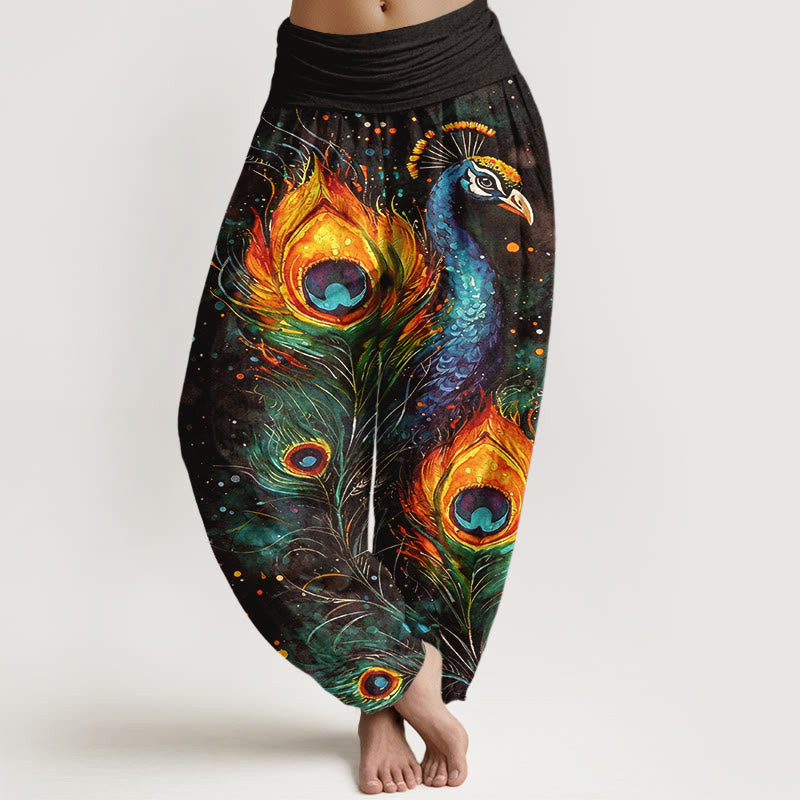 Buddha Stones Spodnie damskie haremowe z bawełny z motywem pawia i rozgwieżdżonego nieba - Oliwkowy - US16, UK/AU20, EU48 (3XL) - image 8
