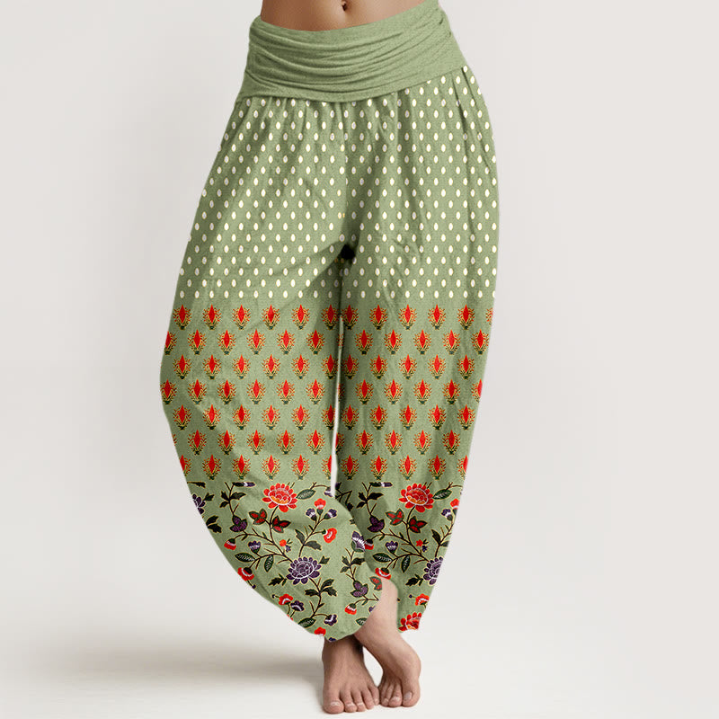Buddha Stones Spodnie damskie typu harem z elastyczną talią i wzorem w czerwone i fioletowe kwiaty z bawełny w kropki - DarkSeaGreen - US16, UK/AU20, EU48 (3XL) - image 8