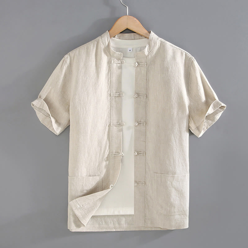 Koszula męska z kieszeniami i guzikami w stylu chińskim z motywem żaby i Buddha Stones w stylu vintage, prosta - Beżowy - US/UK/AU46， EU56 (5XL) - image 0