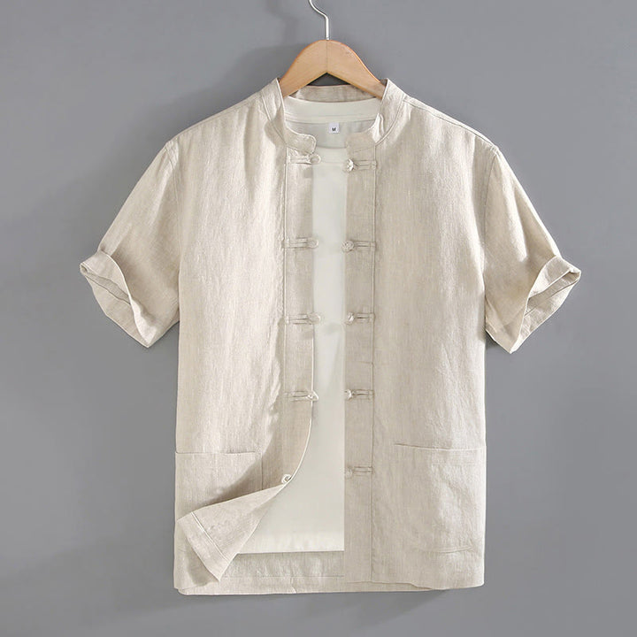 Koszula męska z kieszeniami i guzikami w stylu chińskim z motywem żaby i Buddha Stones w stylu vintage, prosta - Beżowy - US/UK/AU46， EU56 (5XL) - image 0